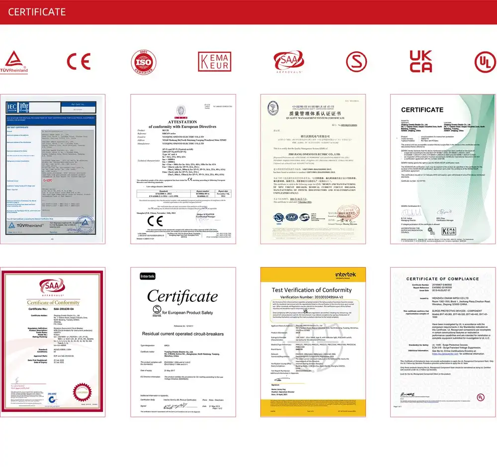 Certificate Display of Zhejiang ONESTOP Electric Co., Ltd