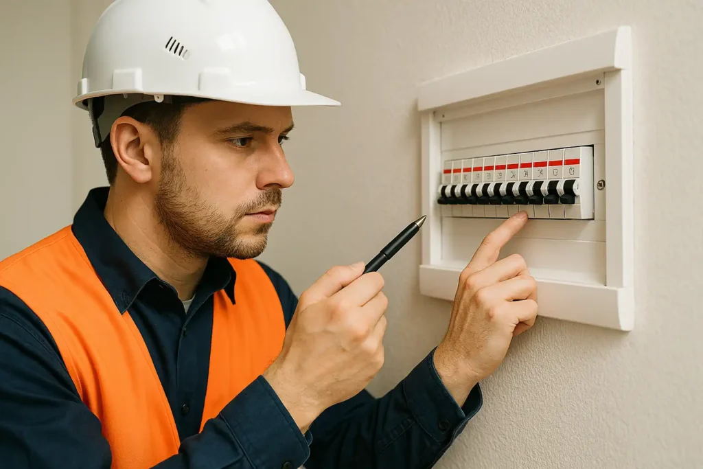 Workers are inspecting residential circuit breakers