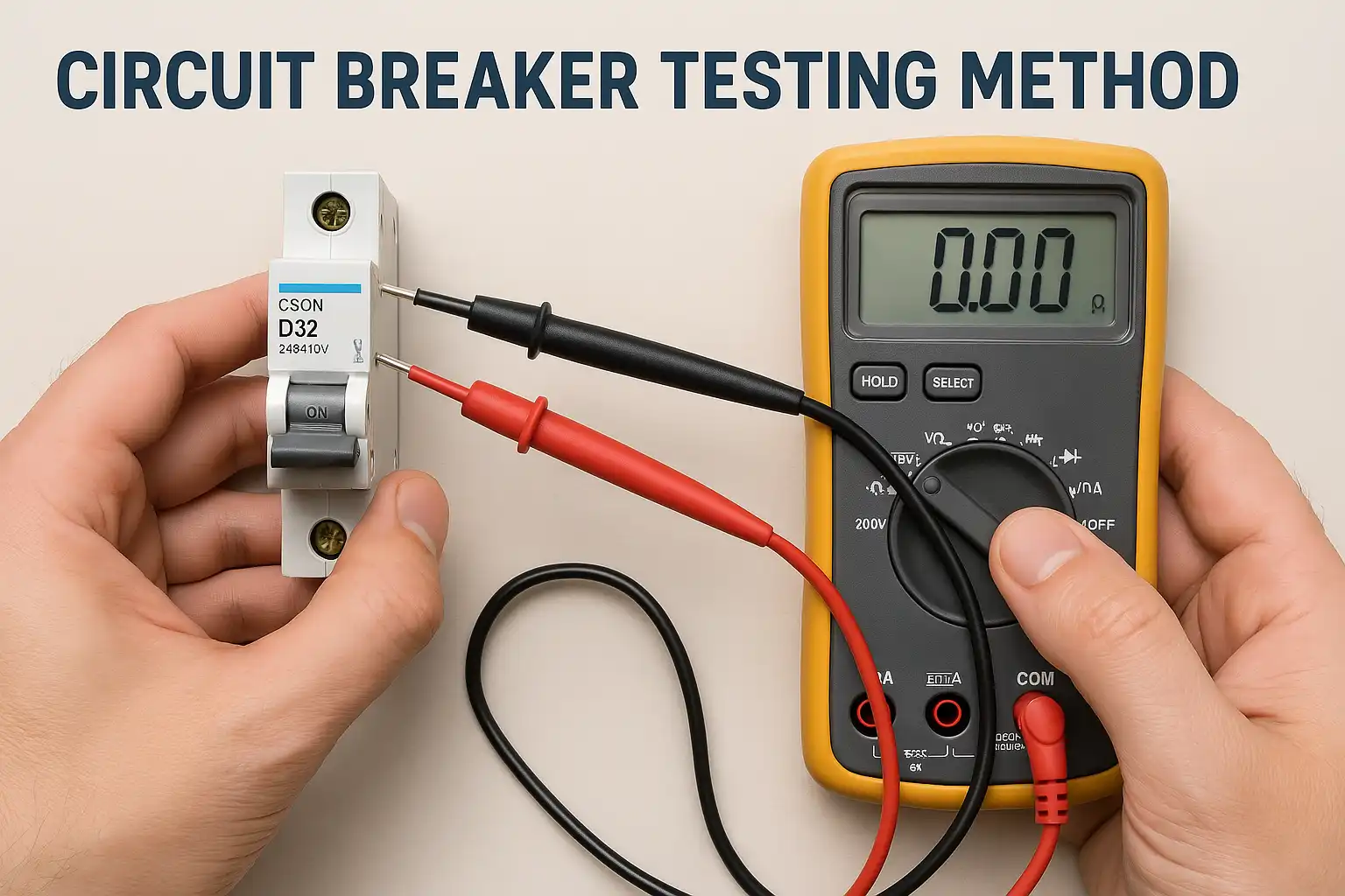 A person uses a multimeter with both hands to check the circuit breaker