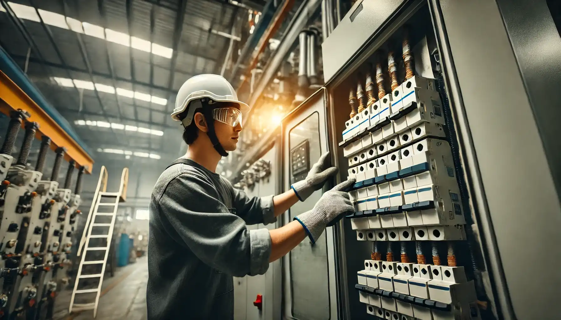 An engineer is operating the main circuit breaker