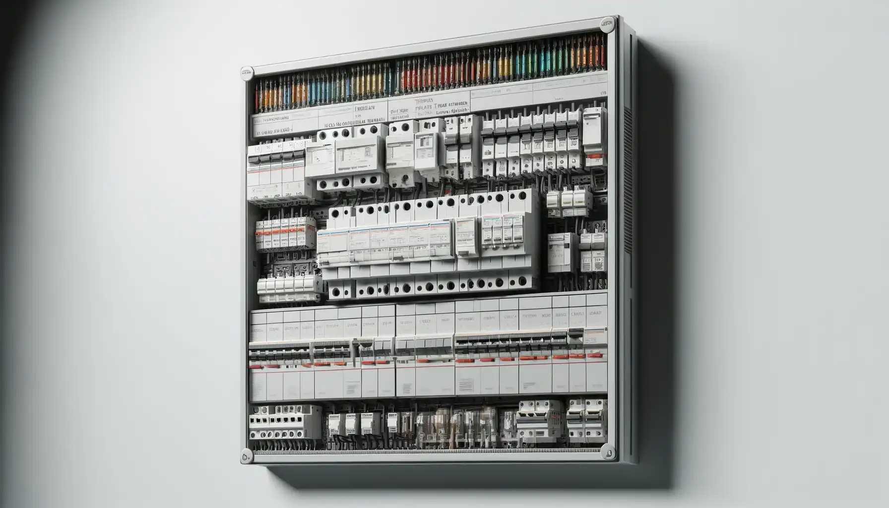 A distribution box is filled with electrical devices