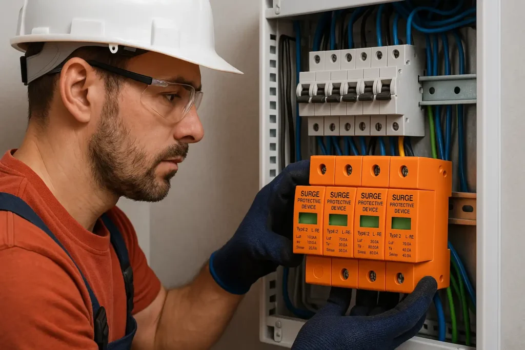 Engineers install surge protection devices