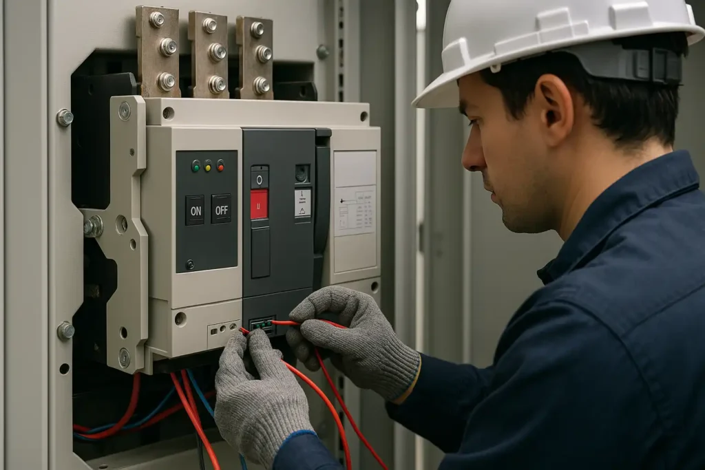 The engineer is wiring the air circuit breaker