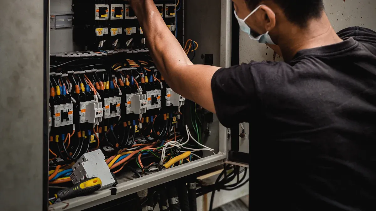 Workers are inspecting the circuit breakers in the distribution box
