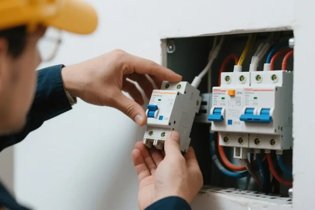 An electrician is replacing one circuit breaker with another