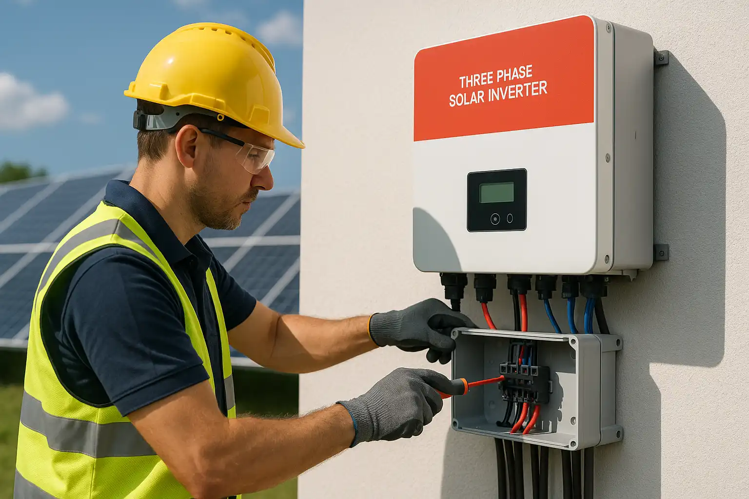 Engineers installing three-phase solar inverters