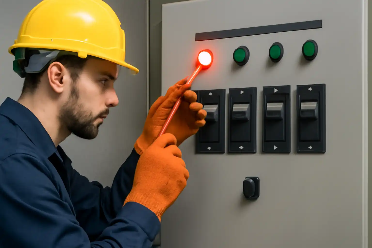 Workers are repairing the circuit breaker indicator light