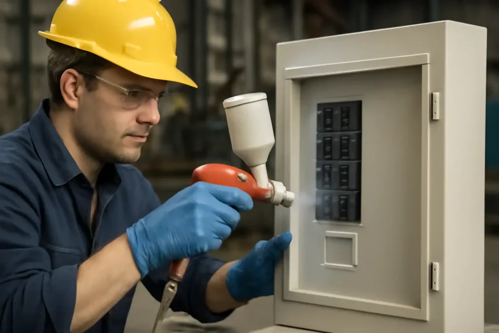 The engineer is painting the circuit breaker box