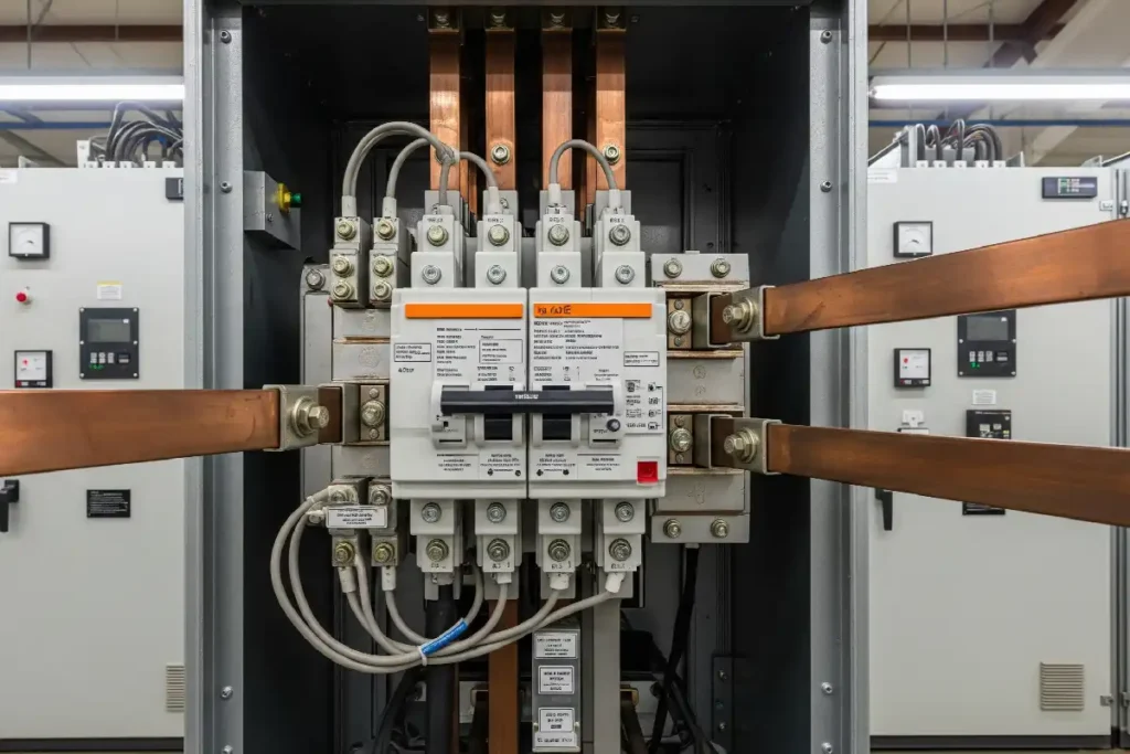 Main low-voltage switchboard with busbars and circuit protection equipment