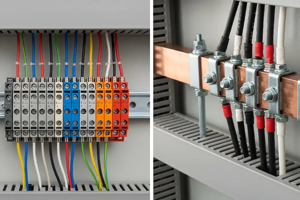 What distinguishes terminal blocks from busbars in modern installations