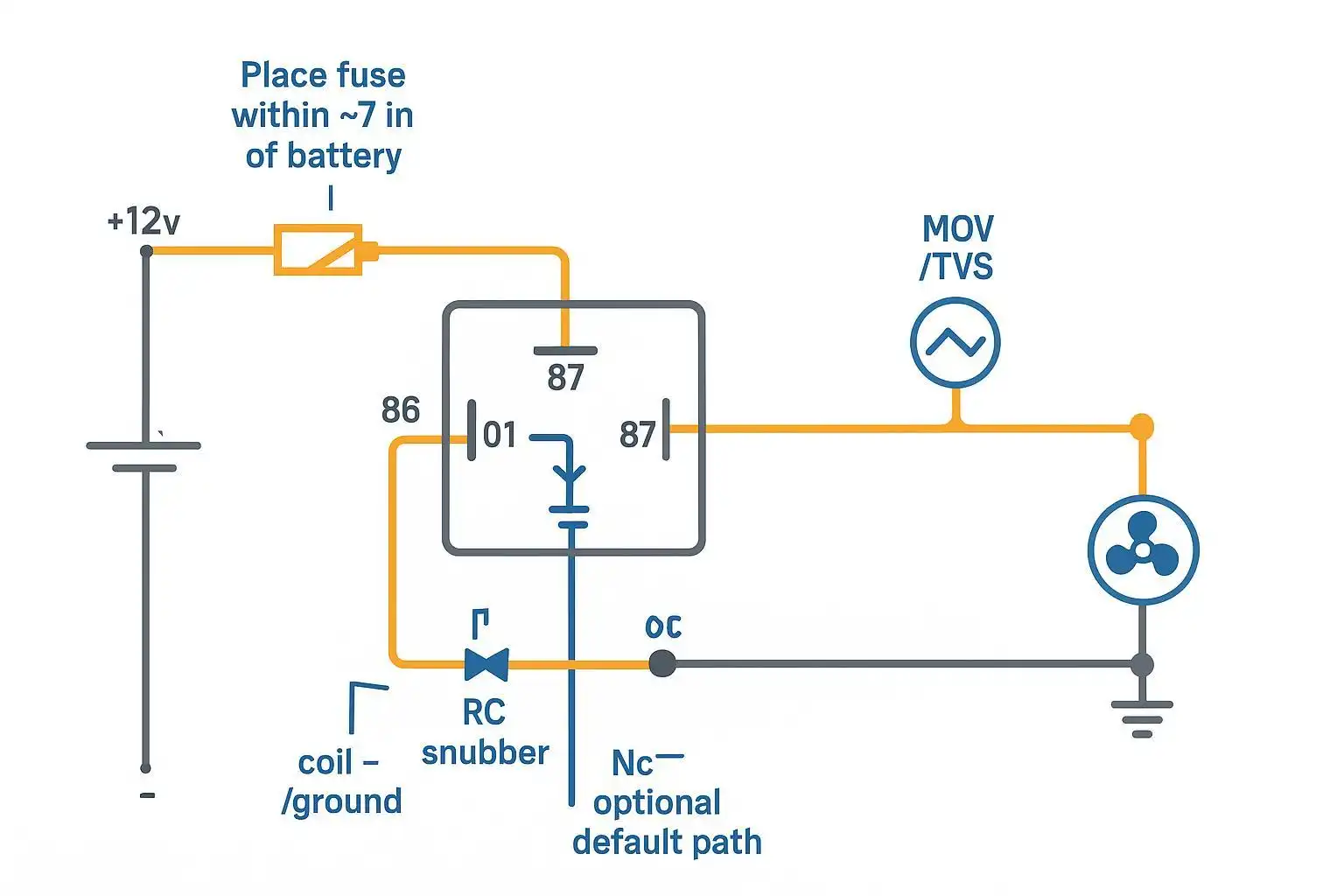 Annotated SPDT relay pinout 85 86 30 87 87a with flyback diode orientation and fuse placement