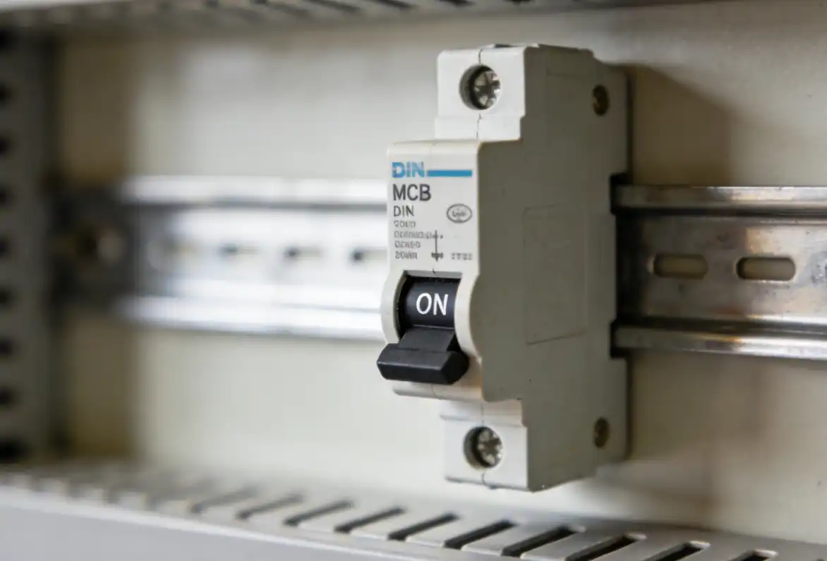 Miniature circuit breaker mounted on a DIN rail inside an electrical enclosure