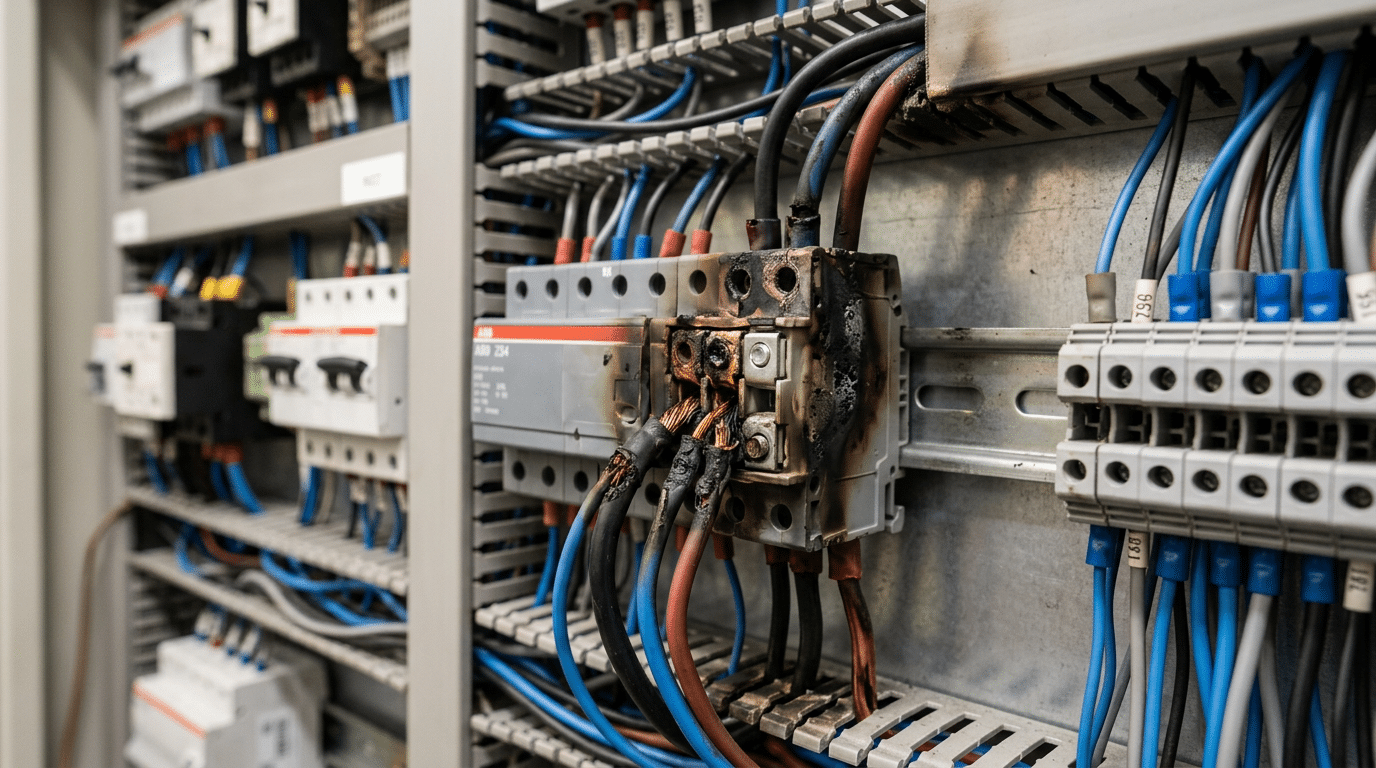 Overheated terminal block showing burn damage from incorrect type selection