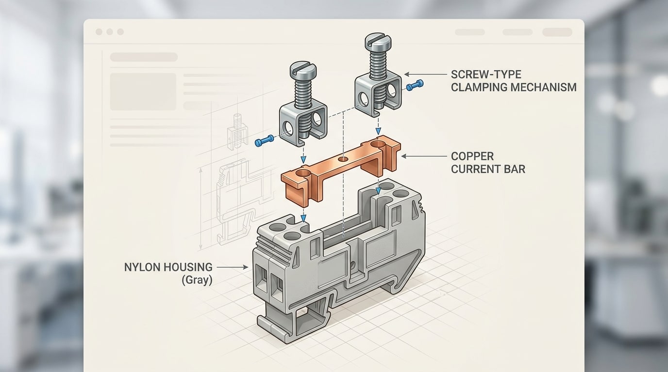 Terminal block anatomy diagram showing housing, current bar, and clamping mechanism used across different types of terminal blocks