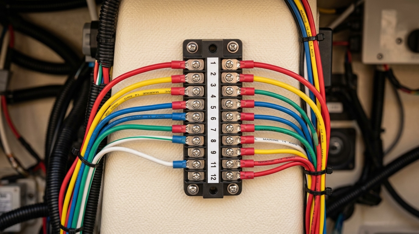 terminal block strip 12 way 24 way installed in 12V marine DC distribution panel