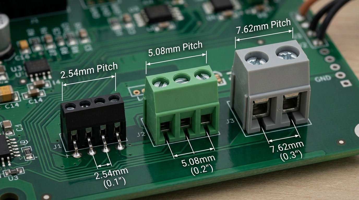 PCB mount terminal block 2 pin 3 pin pitch size comparison on circuit board
