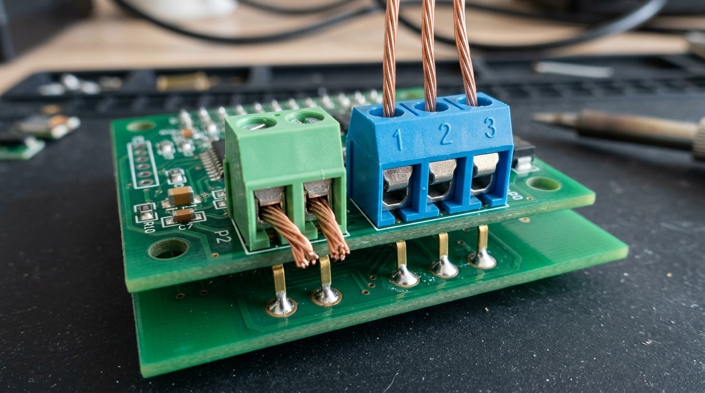 2-pin and 3-pin PCB mount terminal blocks soldered on a circuit board with wire connections