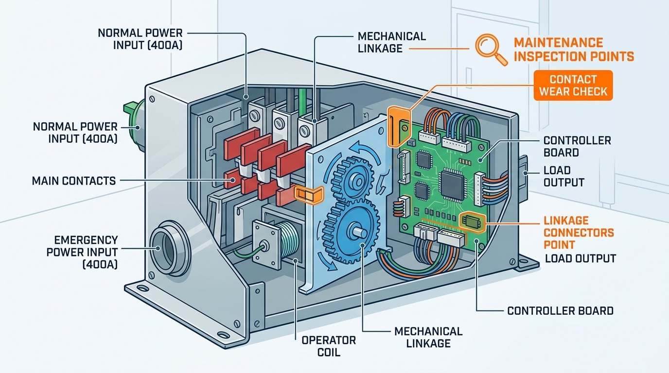 ATS maintenance checklist coverage diagram showing four failure modes in automatic transfer switch