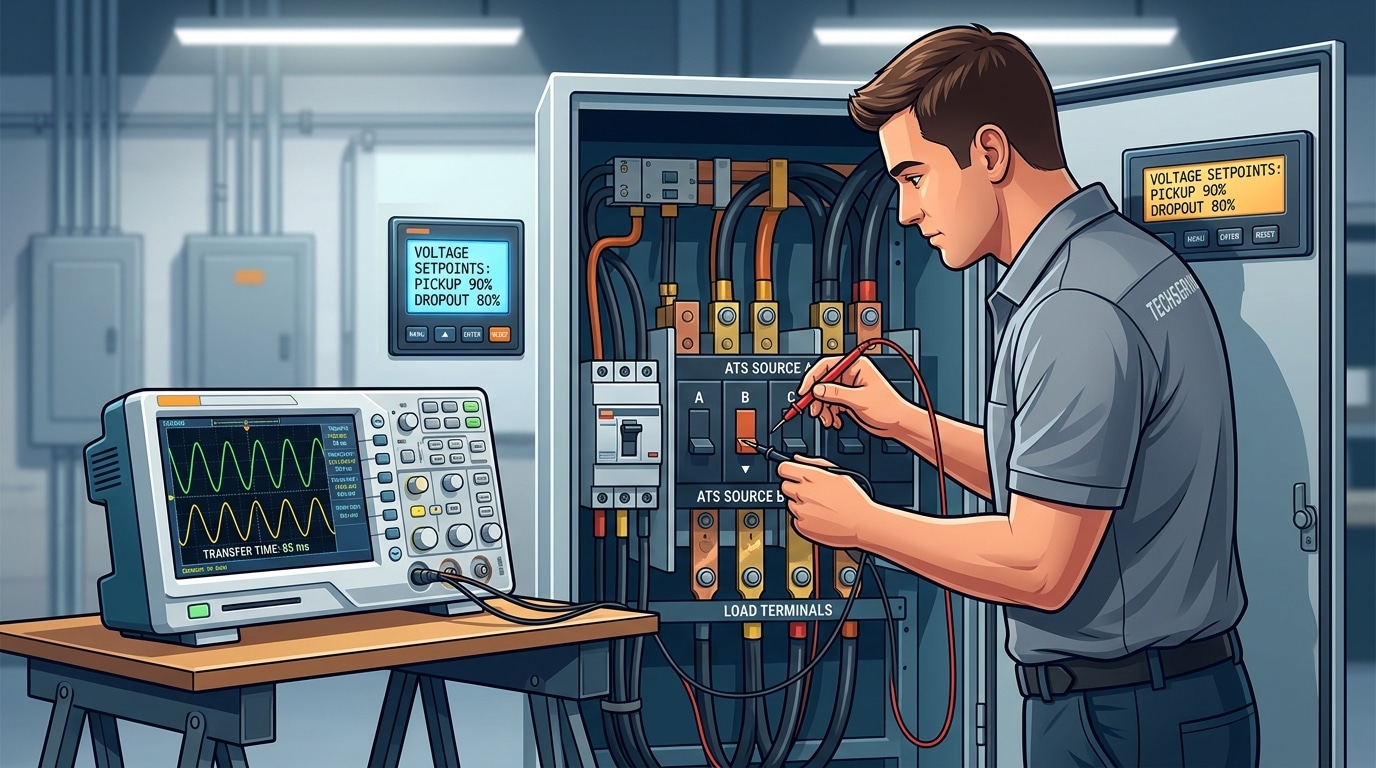 Quarterly ATS maintenance checklist electrical testing with transfer timer and oscilloscope