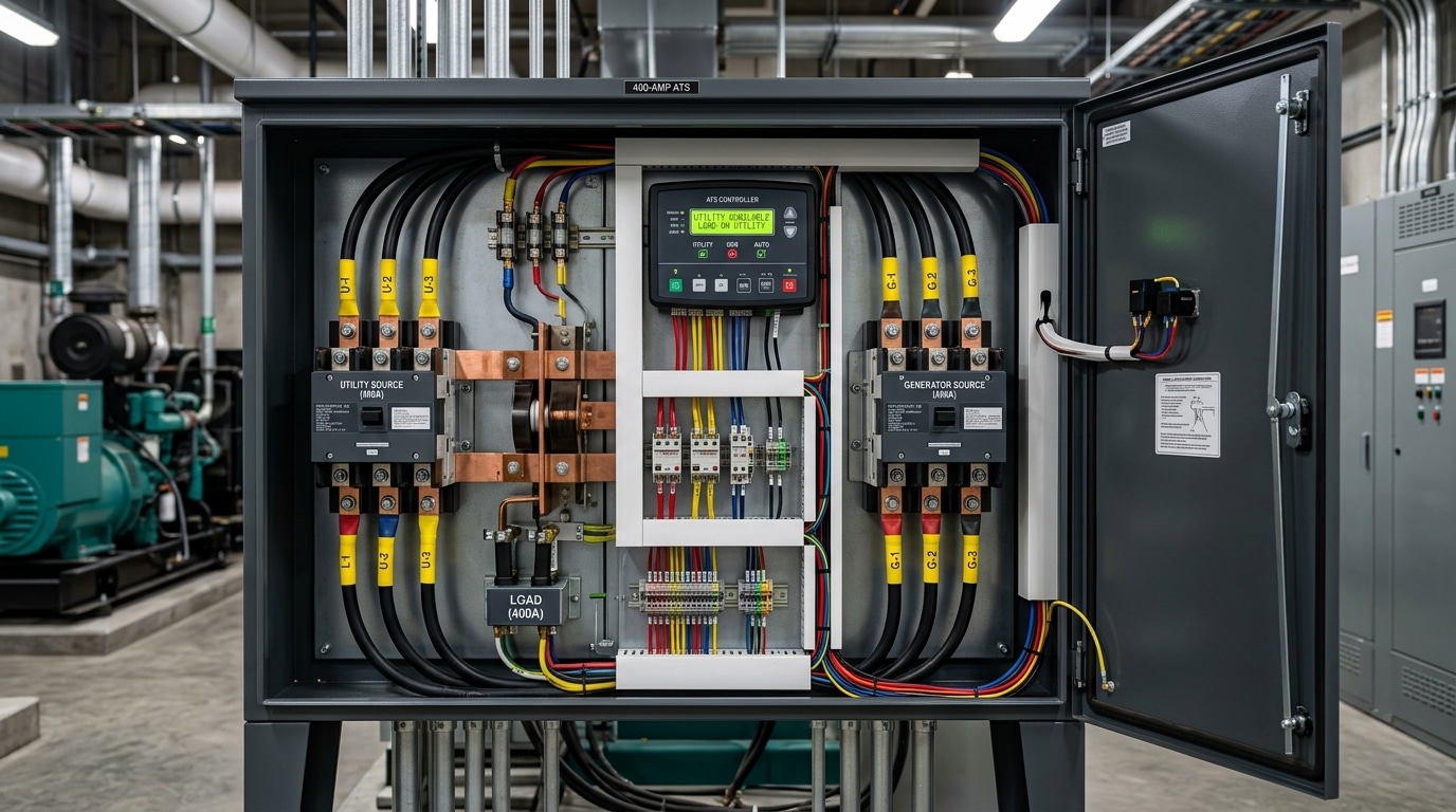 ATS switch working principle shown in industrial 400A transfer switch with dual power sources