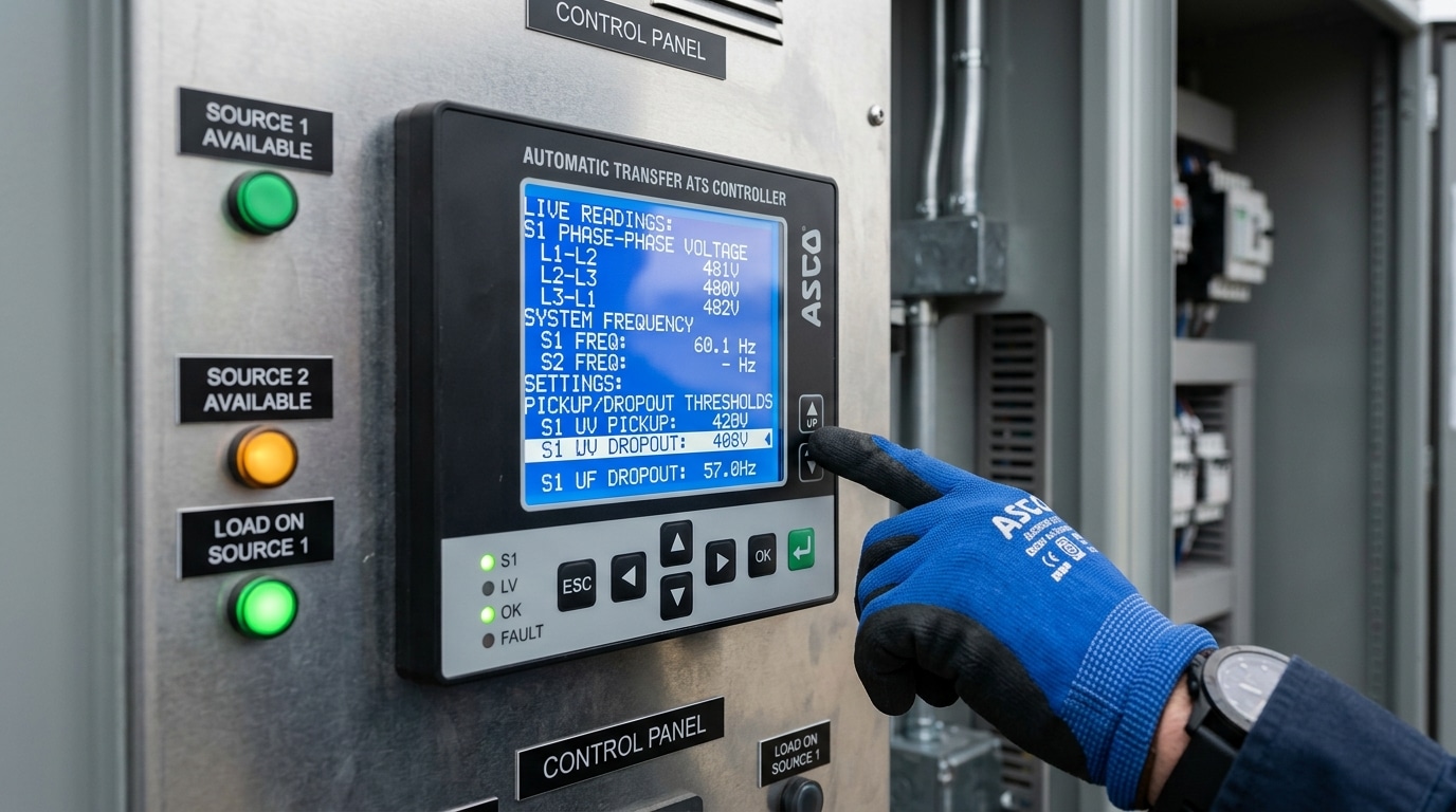 ATS switch working principle shown through voltage and frequency sensing on controller display