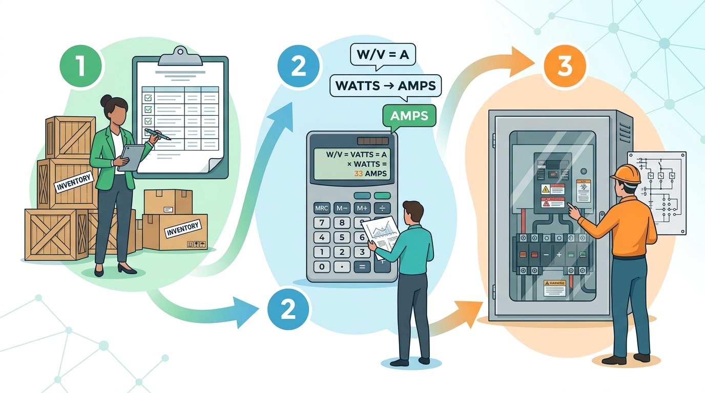 Three-step formula diagram for how to size an automatic transfer switch