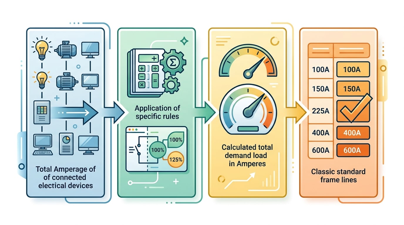 Automatic transfer switch rating guide showing 4-step amperage calculation workflow