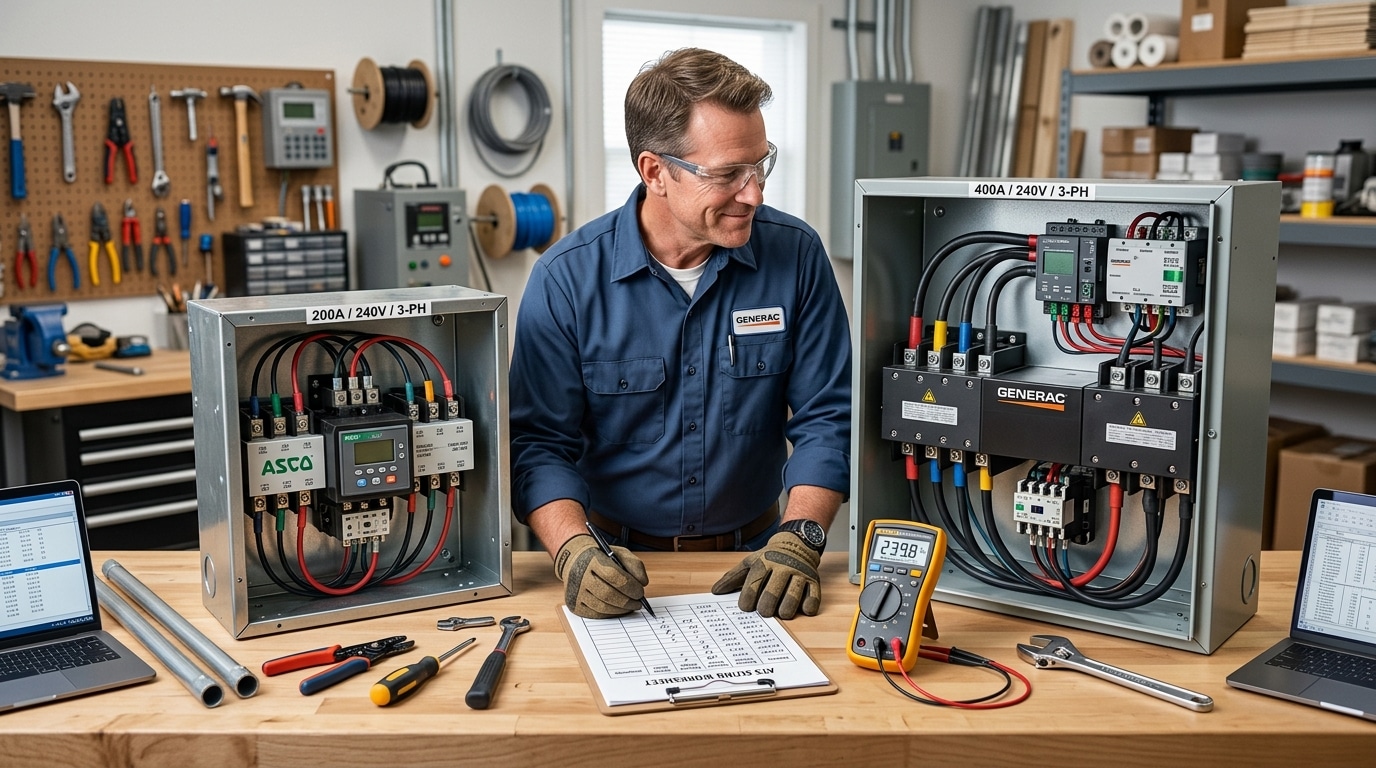 automatic transfer switch rating guide showing standard ATS frame sizes selection with headroom