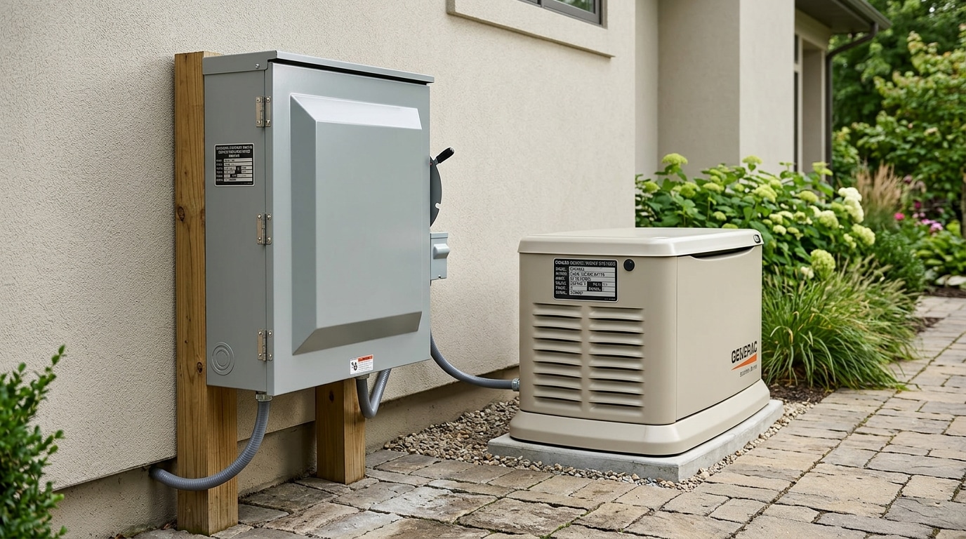 Automatic transfer switch rating guide showing SER-rated 200A ATS matched to generator output amps