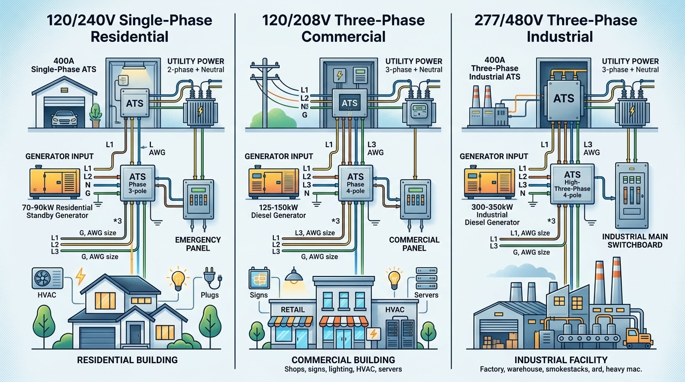 Single-phase vs three-phase 400 amp automatic transfer switch for generator voltage configurations compared