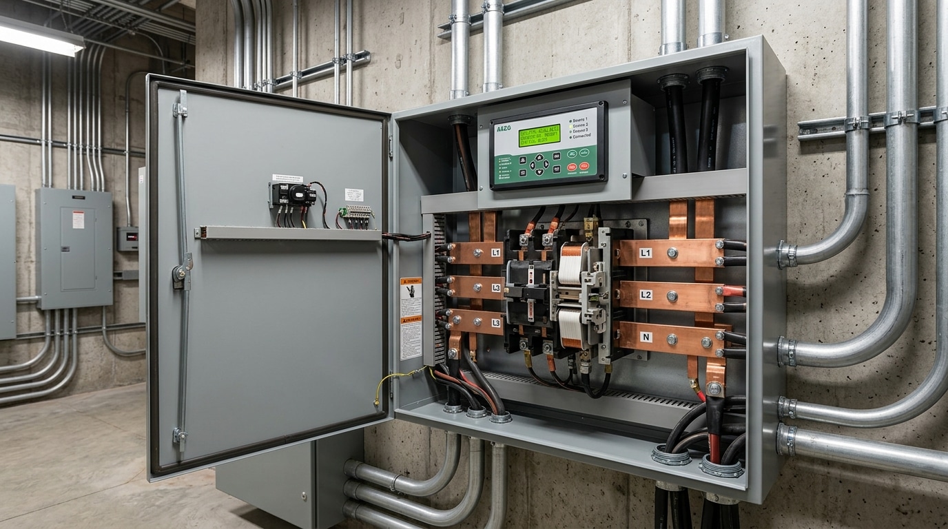 400 amp automatic transfer switch for generator installed in commercial electrical room showing internal contactors and controller