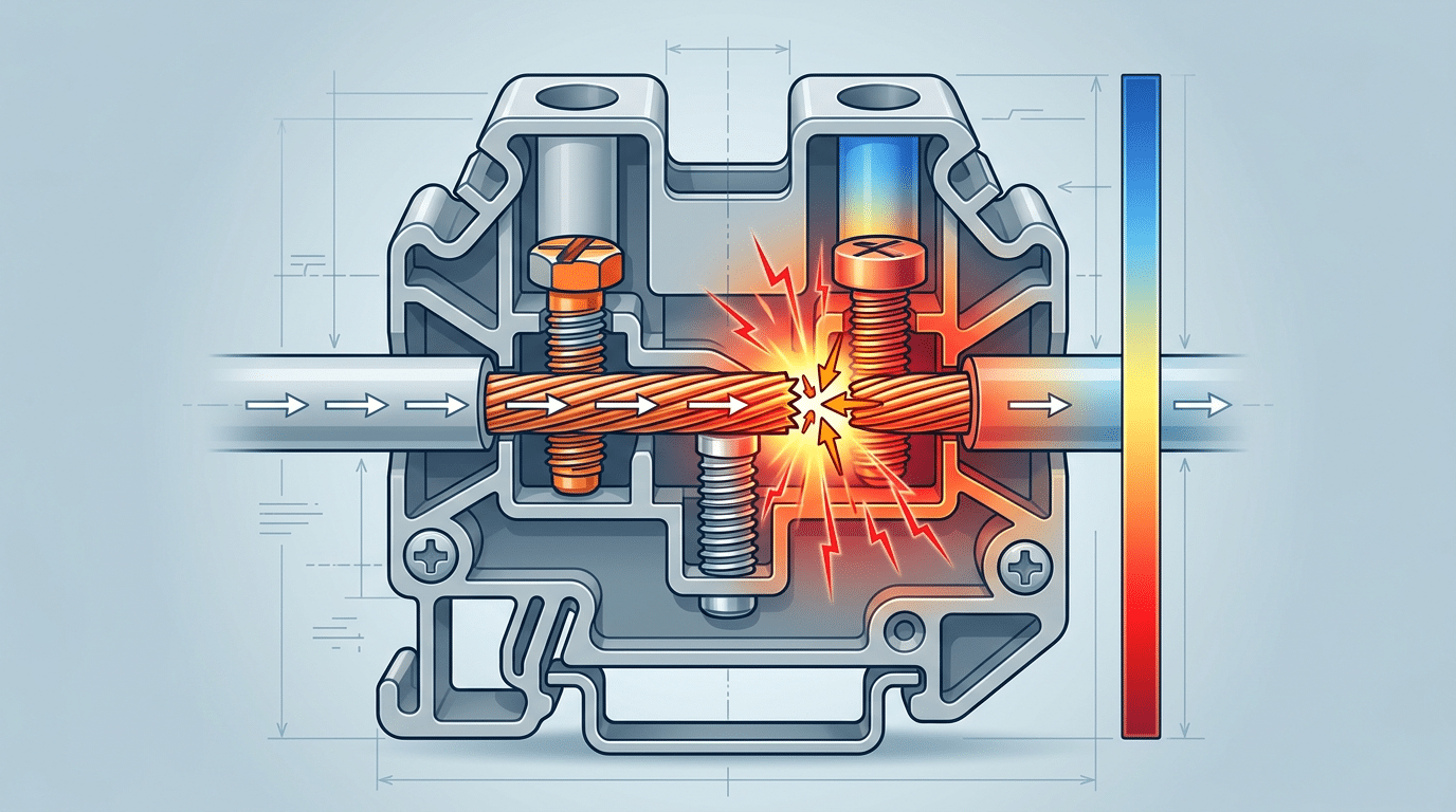 Terminal block overheating mechanism showing increased electrical resistance generating excess heat at the connection point