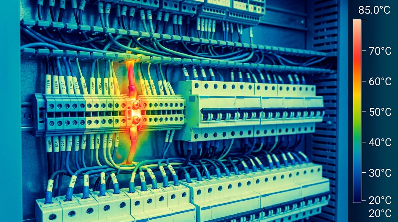 Thermal imaging scan revealing terminal block overheating hot spot in electrical panel