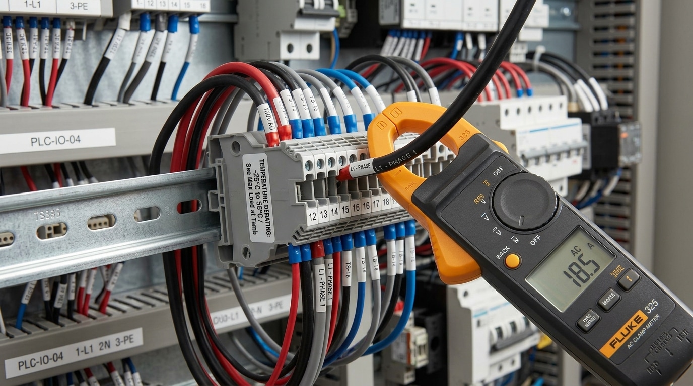 Clamp meter measuring current on a terminal block to prevent overheating from exceeding rated capacity