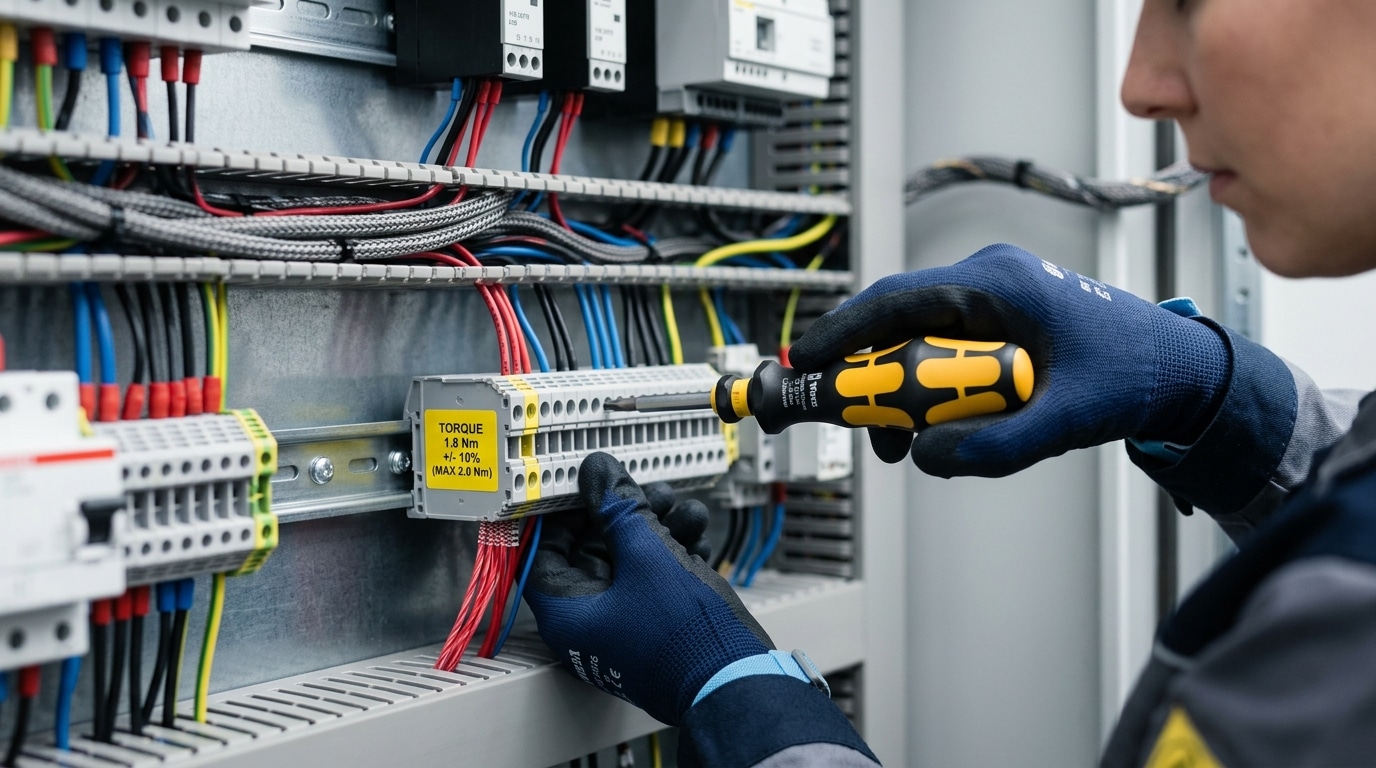 Calibrated torque screwdriver tightening a terminal block connection to prevent overheating from loose connections