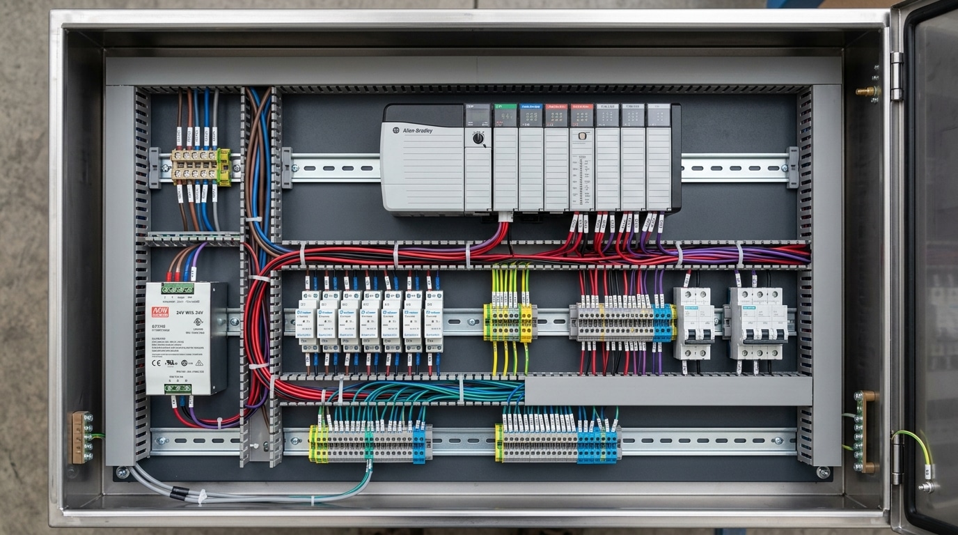 terminal block in PLC panel wiring with correct DIN rail spacing per IEC 61439