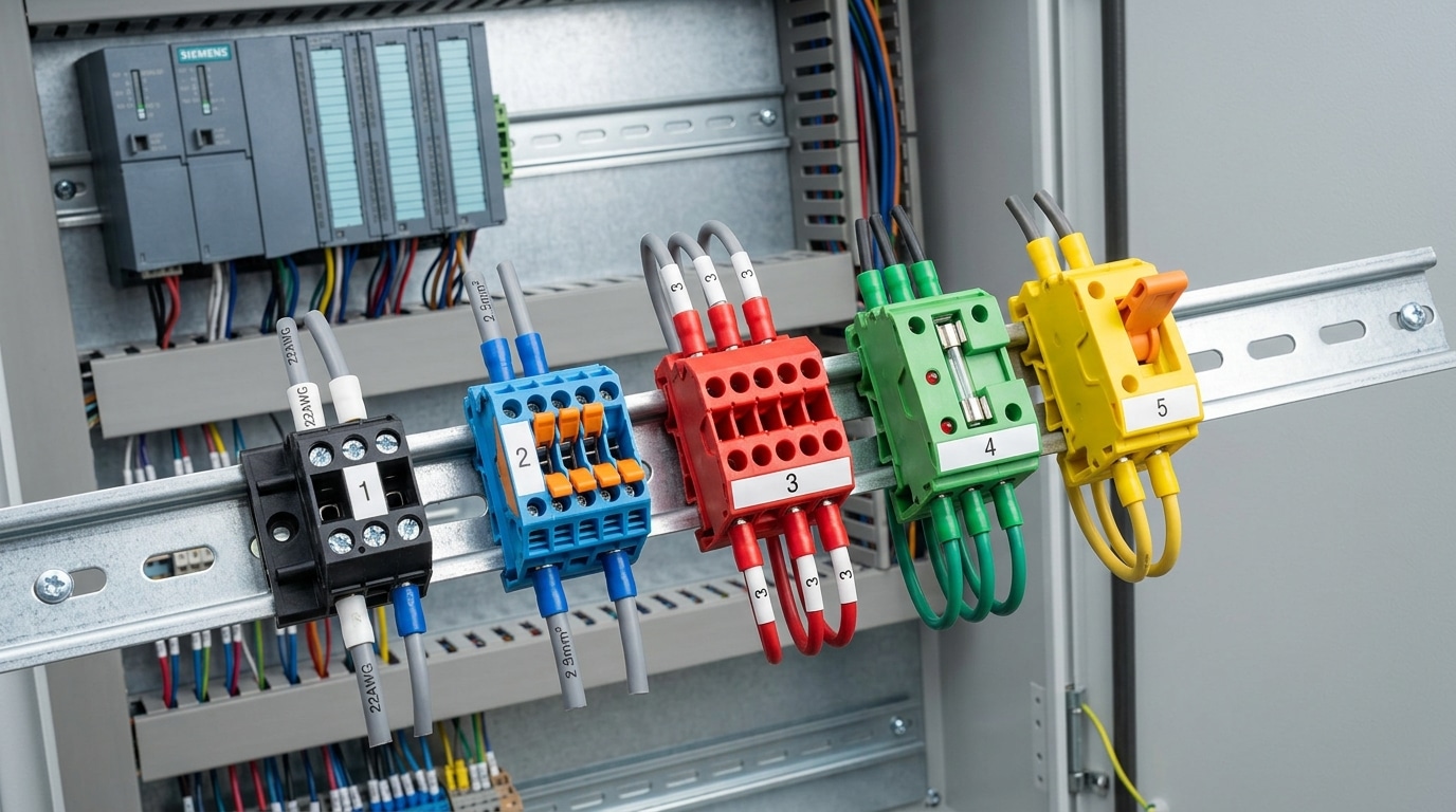 Different terminal block types used in PLC panel wiring compared on DIN rail
