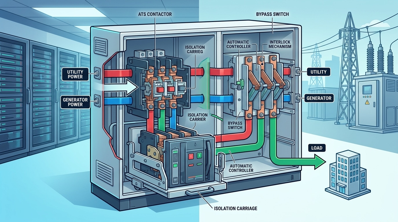 bypass isolation automatic transfer switch internal components and power flow diagram