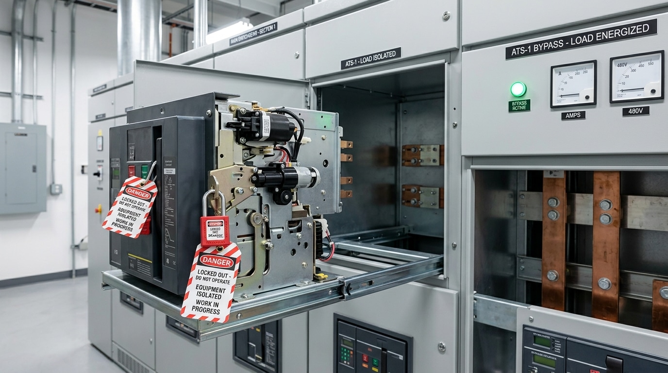 bypass isolation automatic transfer switch racked out for lockout tagout maintenance