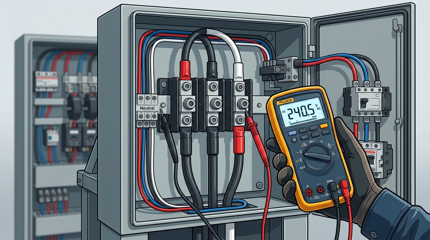 multimeter verifying utility input voltage during automatic transfer switch troubleshooting