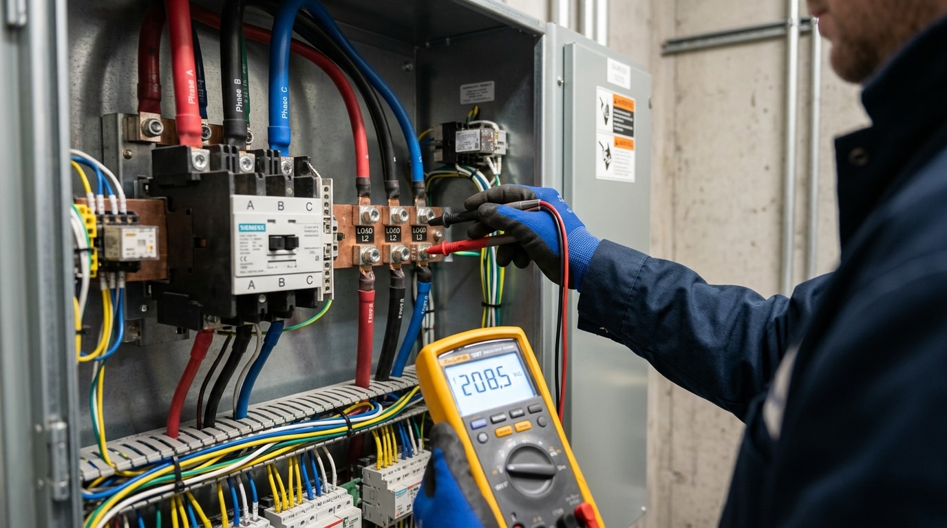 automatic transfer switch troubleshooting load-side voltage and control signal multimeter test