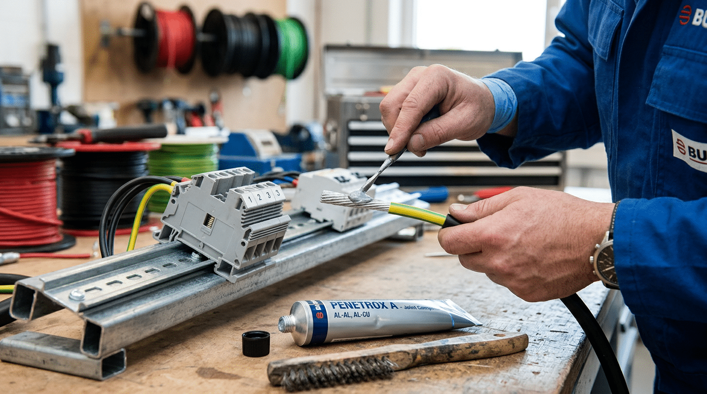 Applying anti-oxidant compound to aluminum terminal block connection for corrosion prevention