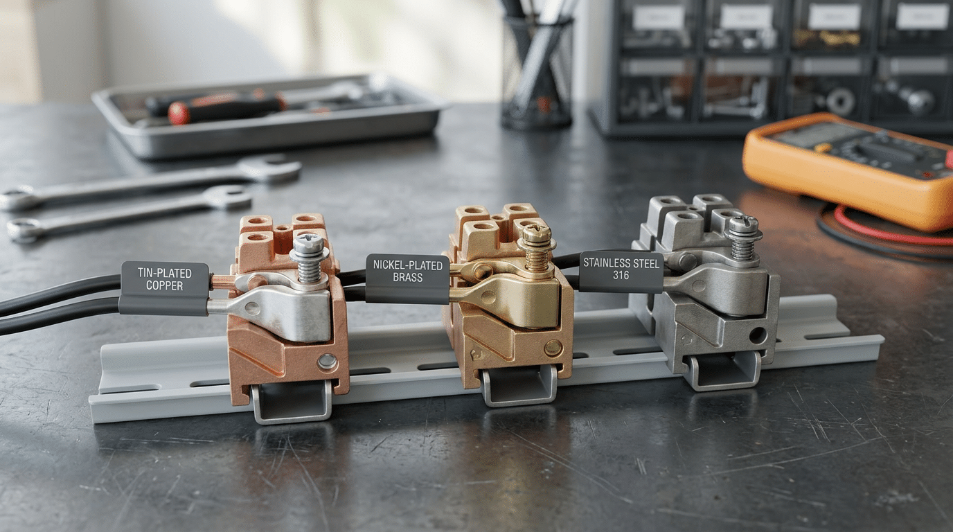 Terminal block contact materials for corrosion prevention — tin-plated copper, nickel-plated brass, and stainless steel