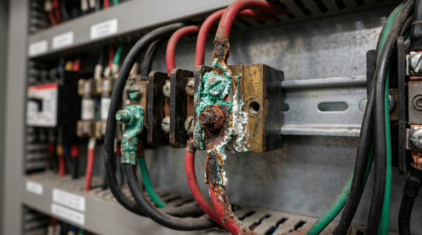 Corroded terminal block showing galvanic corrosion and oxidation on copper contacts