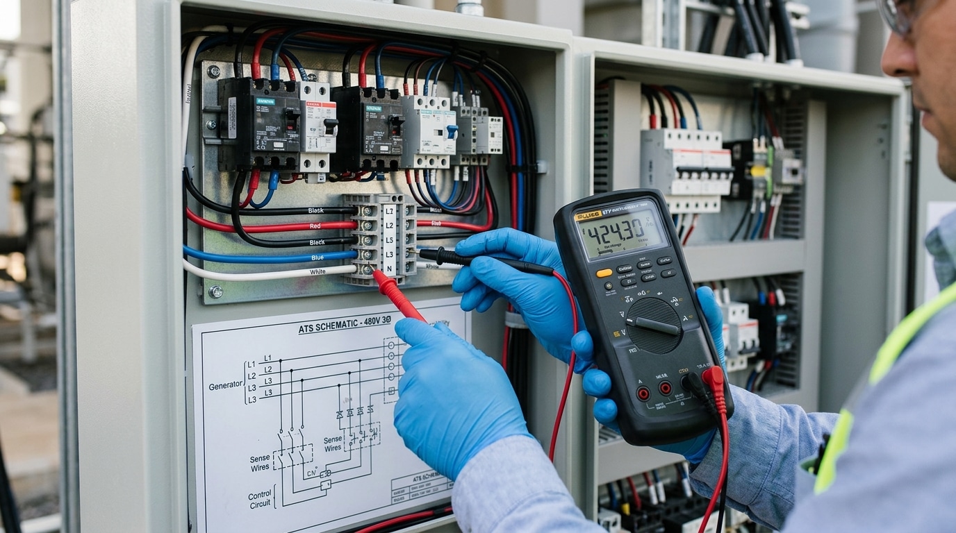 Technician diagnosing why ATS is not switching to generator power