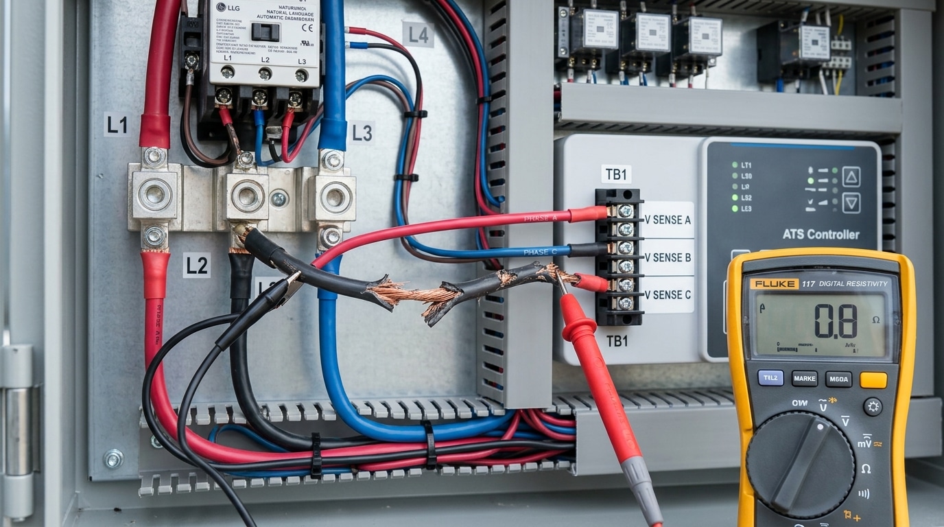 Inspecting damaged voltage sensing wires to diagnose why an ATS is not switching to generator