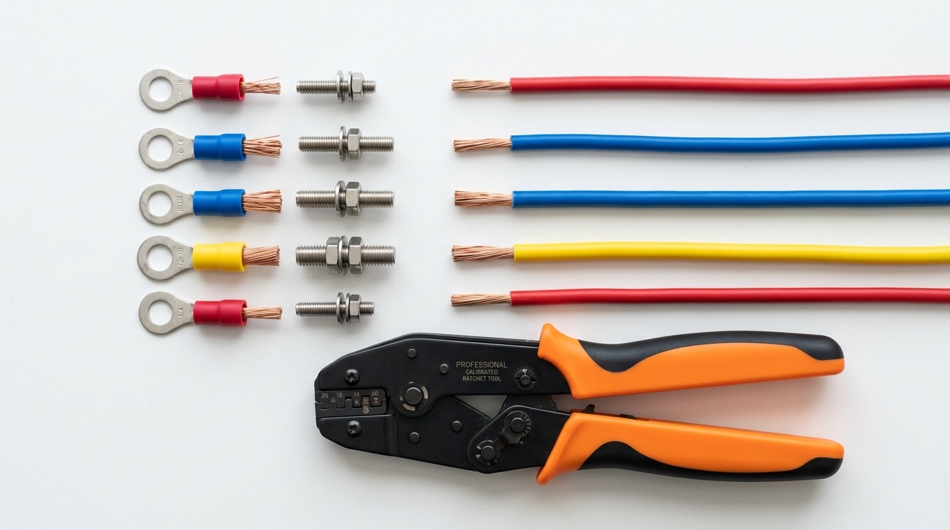 How to choose the right cold press terminal size — five sizing rules shown with AWG wire, ring terminals, and stud hardware