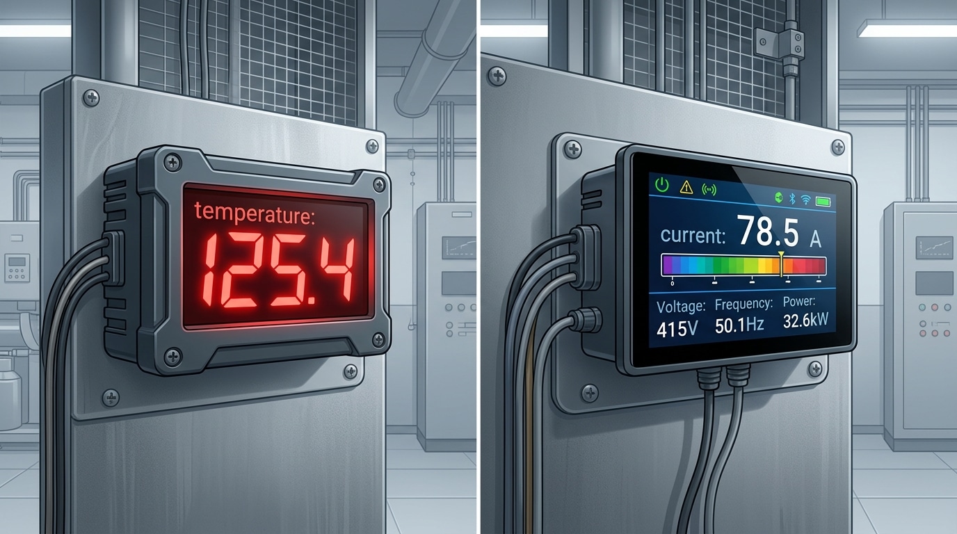 LED versus LCD custom digital panel meter comparison in industrial enclosure