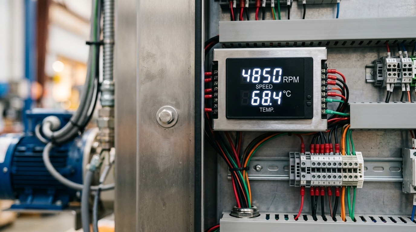 custom digital panel meter installed in industrial control panel showing multi-parameter readout