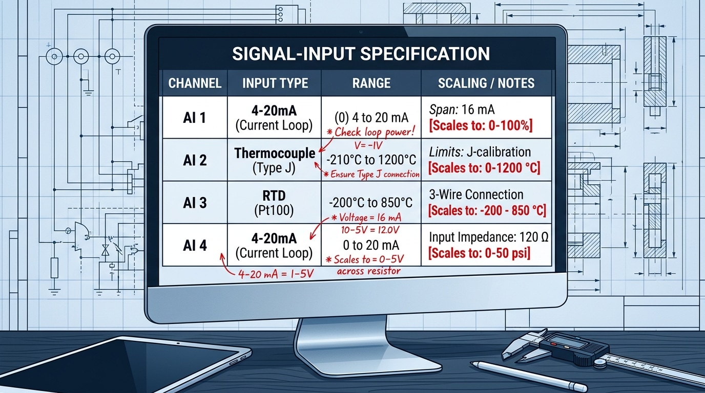 Custom digital panel meter input signal specification sheet with scaling and accuracy values